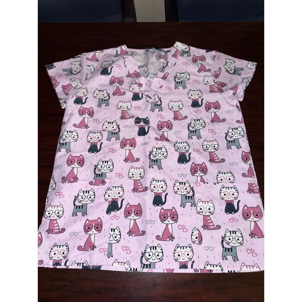 Wear For Care Light Pink Cat Graphic Scrub Top Size Small